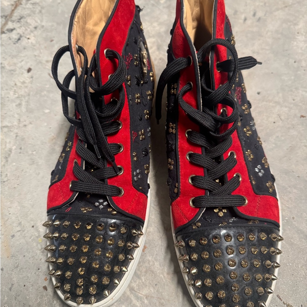 Christian Louboutin Stylish Red and Black Studded Men’s Sneakers
